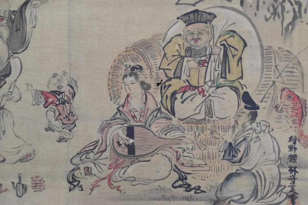 【真作】狩野探林守美/七福神/唐子図/掛軸☆宝船☆AB-333