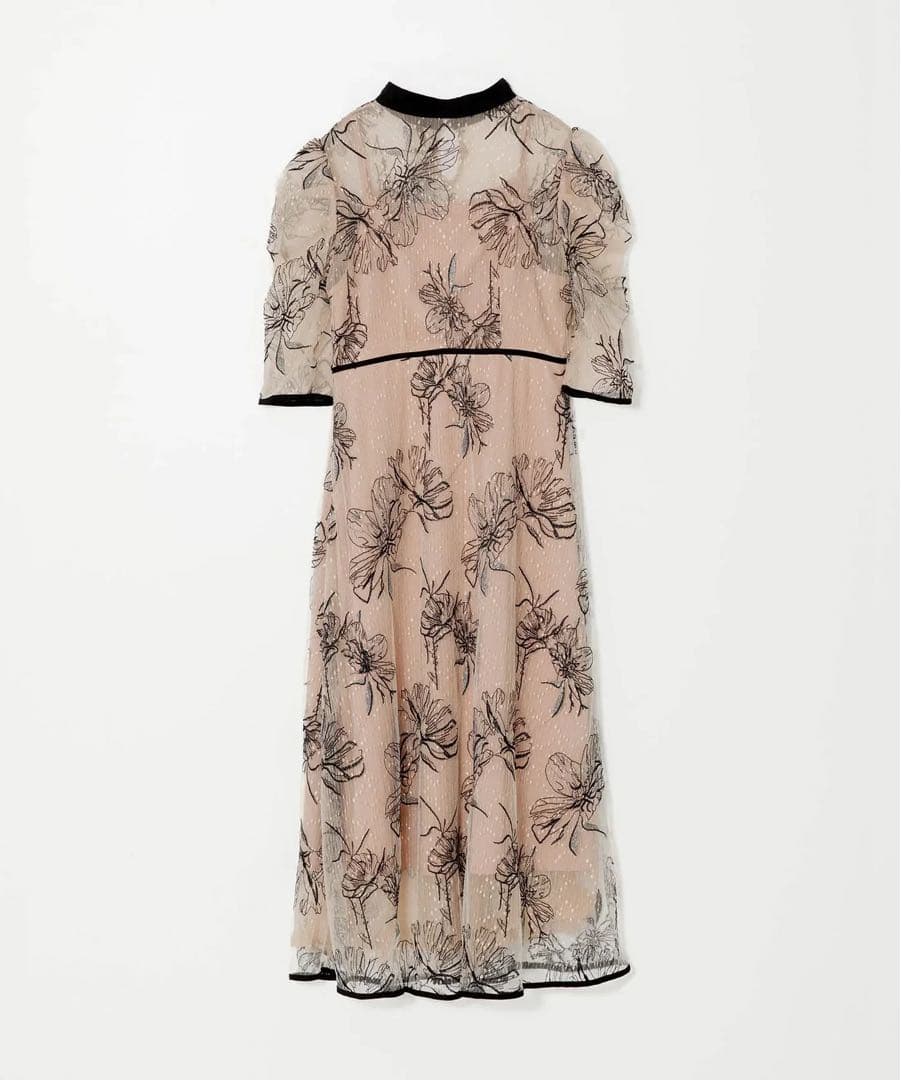 LEJA パイピングハイネック花柄ラメレースワンピースドレス ベージュ S