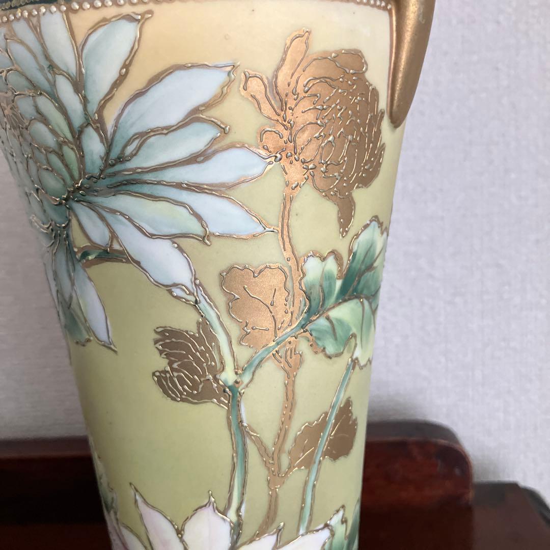 オールドノリタケ花柄陶器花瓶 金色ハンドル付き