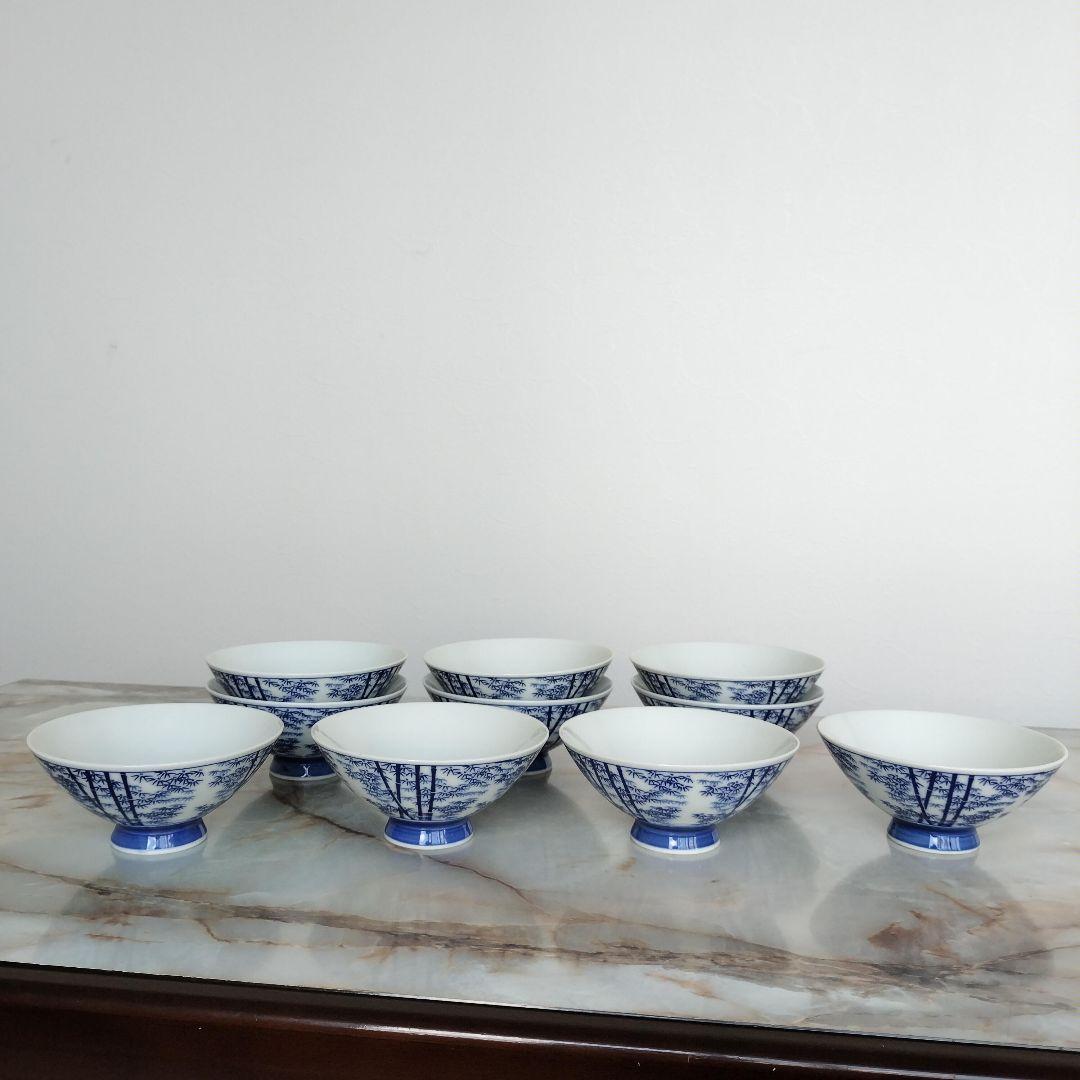 青い竹模様の茶碗 10個セット