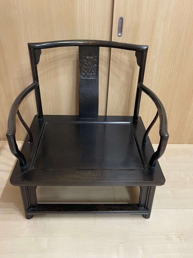 彫刻入り黒色木製座椅子 座卓ちゃぶ台四角