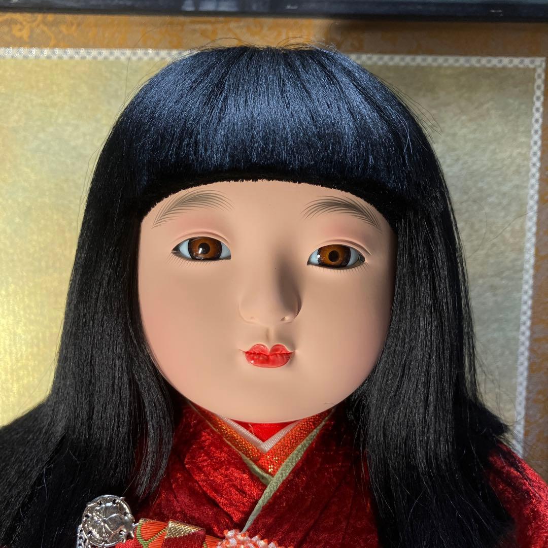 市松人形ケースガラス割れあり 市松人形 ガラスケース入り 赤地桜着物 銘札