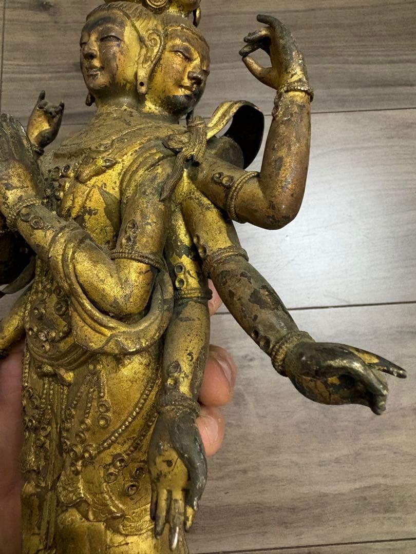 八臂十一面塗金観音立像 古銅製 清時代 古董 重約