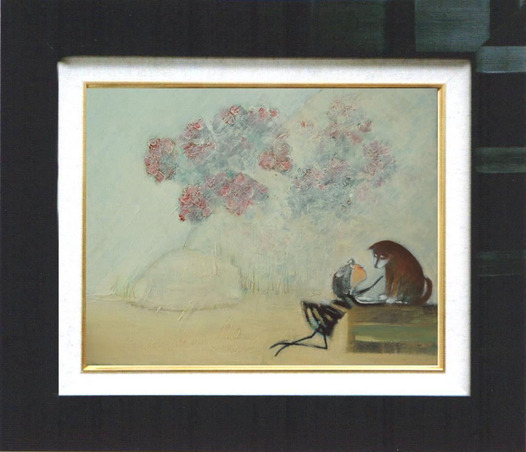 油絵 菅家令子 絵 絵画インテリア額付(白) uF6-071619 子犬と女の子