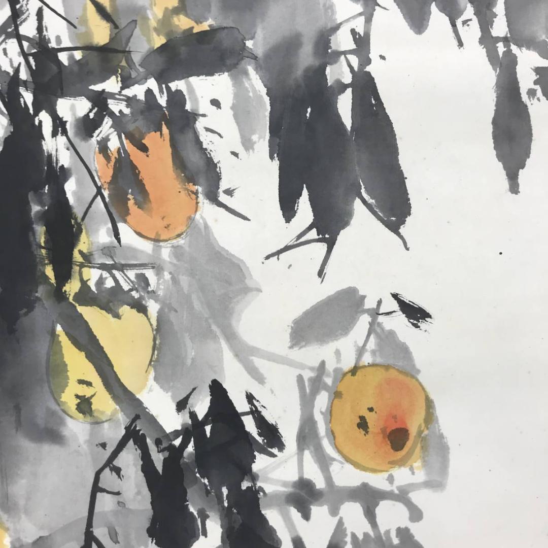 【真作】下村為山/晩秋の柿図/山水図/秋景図/掛軸/名家伝来/AC-504