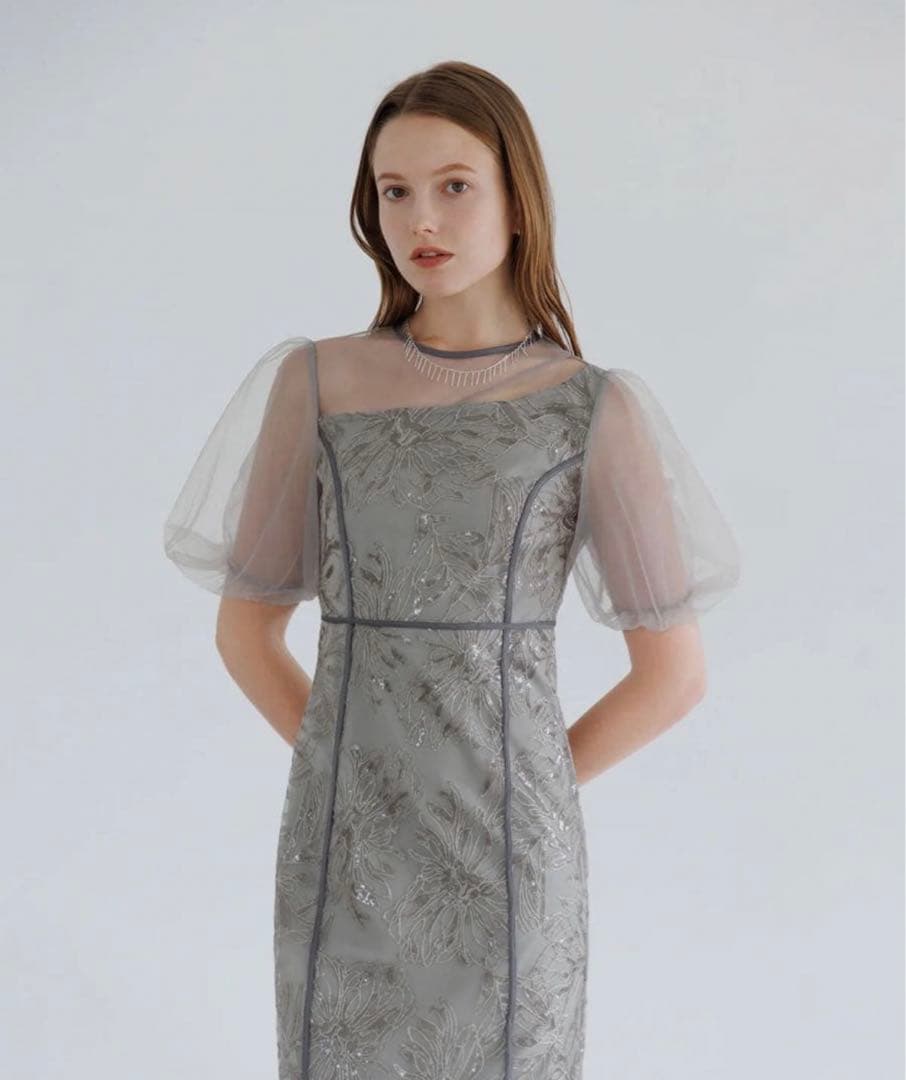 シルバー フラワー刺繍 マキシドレス