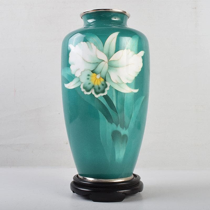 七宝焼 佐藤謨義作 水仙文 花瓶 唐木台付 共箱 V R9237