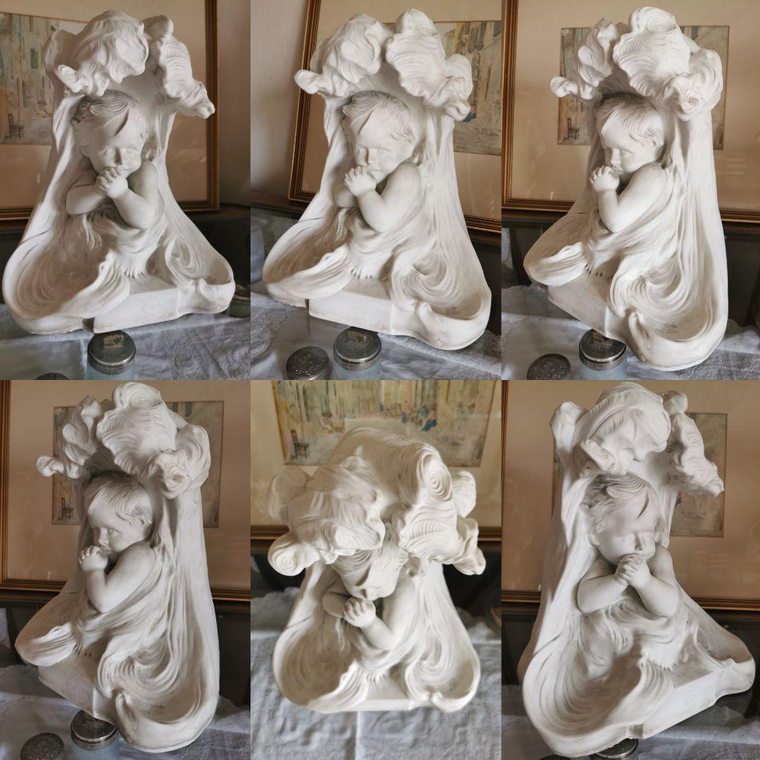 アンティークフランス 大型素焼きビスク彫像塑像 少年の祈り 作家物