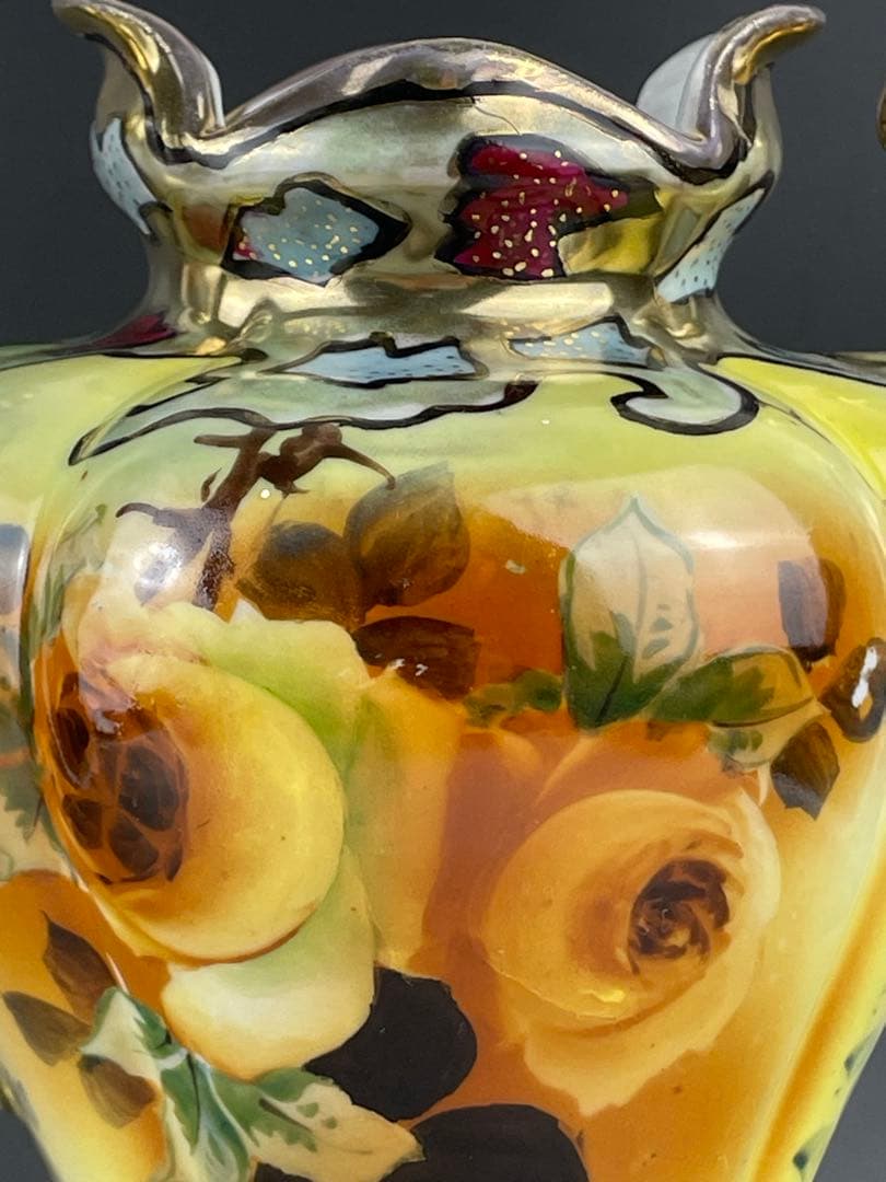 大型】オールドノリタケ 28．7cm 薔薇紋花瓶 金彩 金盛り マッスル