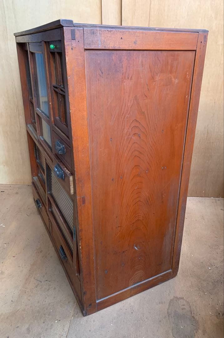 古い木全面モールガラス 収納陳列棚引き出し4杯 レトロ昭和ガラス古家具