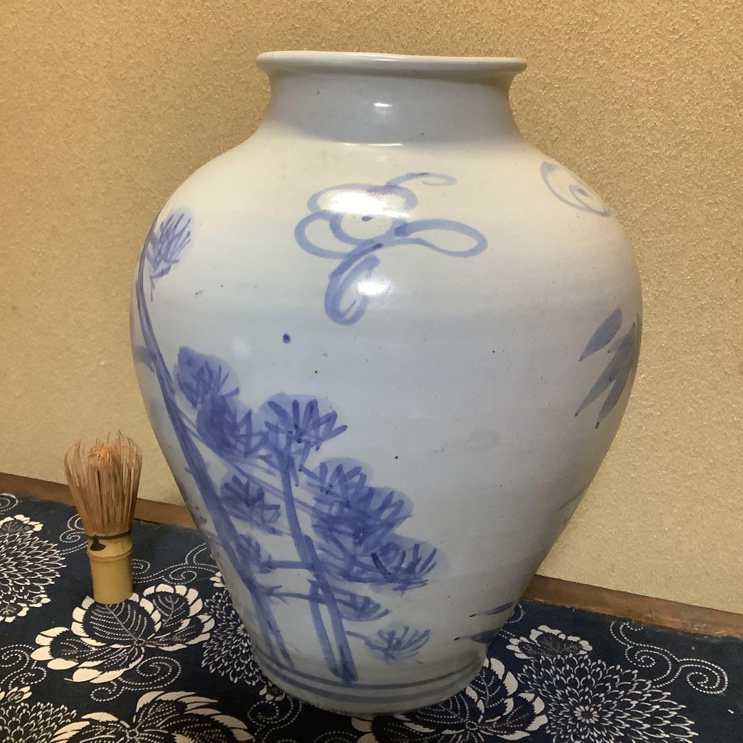 李朝　朝鮮　壺　大壺　花器　花瓶　松笹紋　砂高台　古伊万里・粉引・茶道好きにも