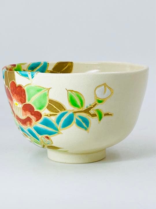 【加藤利昇】仁清写　椿　茶碗　桐共箱　共布　底部在銘　京焼　茶道具