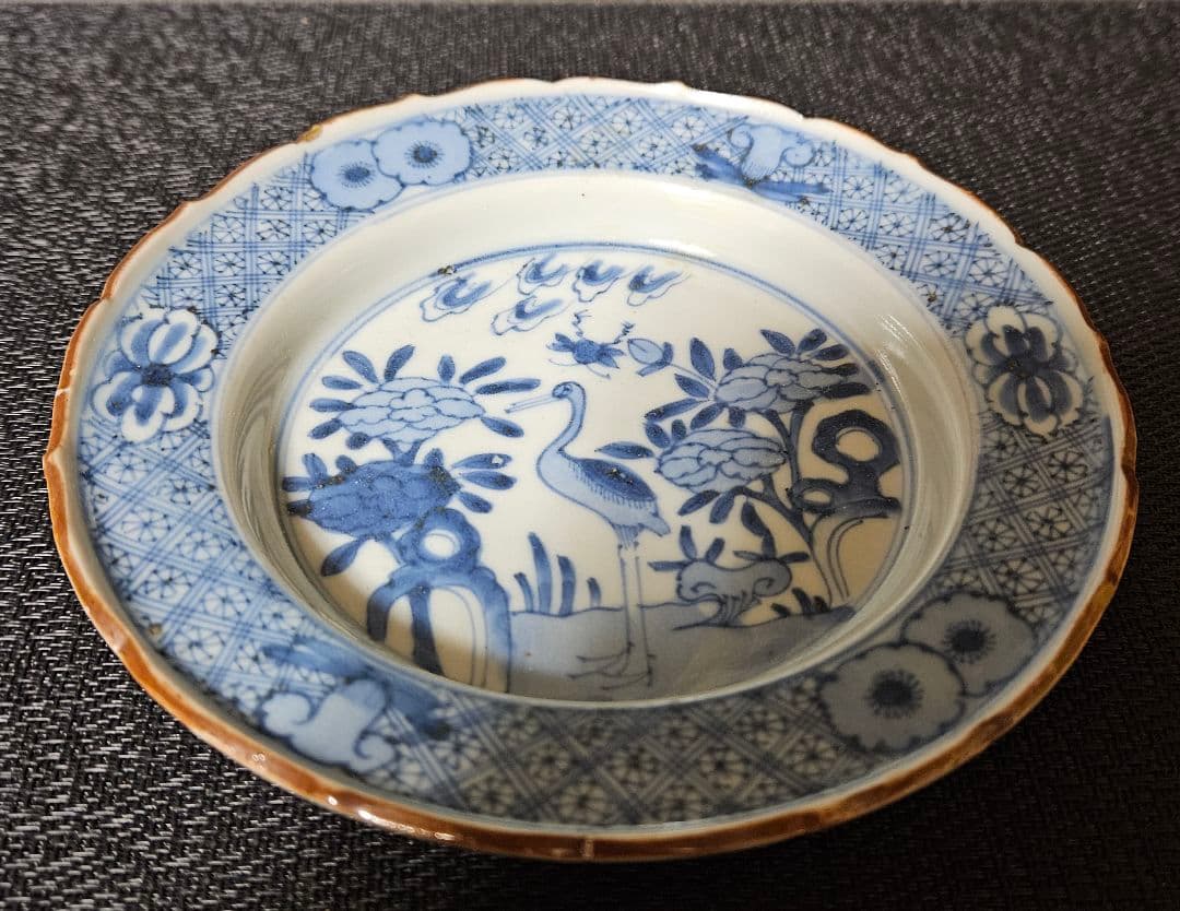 【上作品❗】【名品❗】江戸時代中期　古伊万里　染付　花に鶴図　16.5cm　兜皿