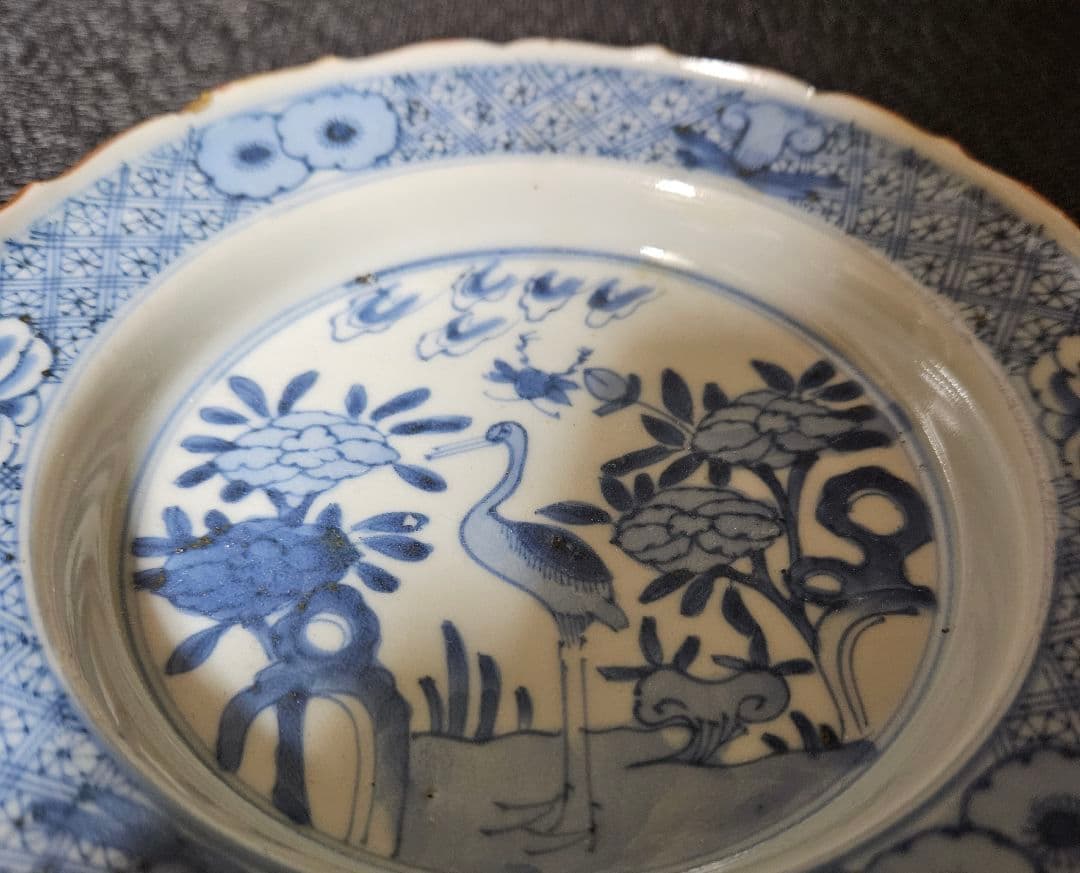 【上作品❗】【名品❗】江戸時代中期　古伊万里　染付　花に鶴図　16.5cm　兜皿