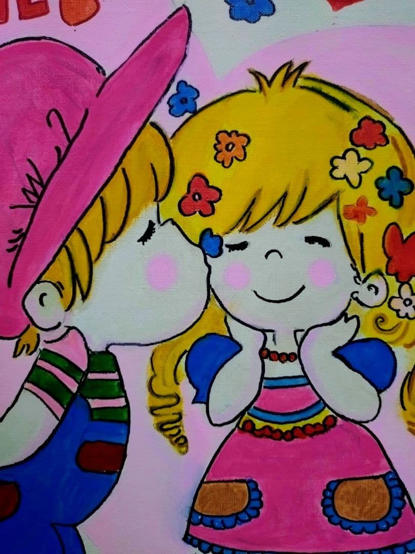 F6号】水森亜土 手描き作品/表裏サイン・裏描き有/油彩/アクリル/額縁