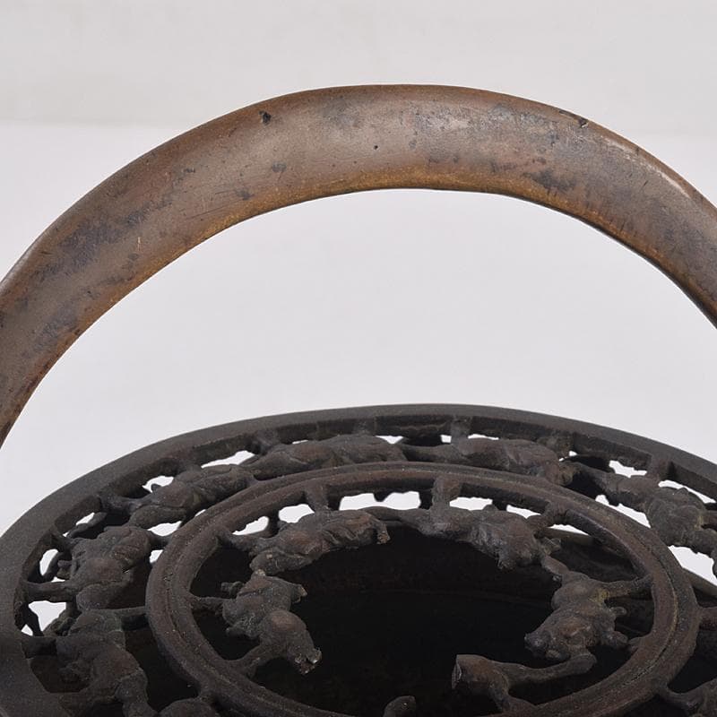 中国 宣徳年製款 古銅宣徳銅 馬刻 持ち手付 透かし蓋香炉 M R8855