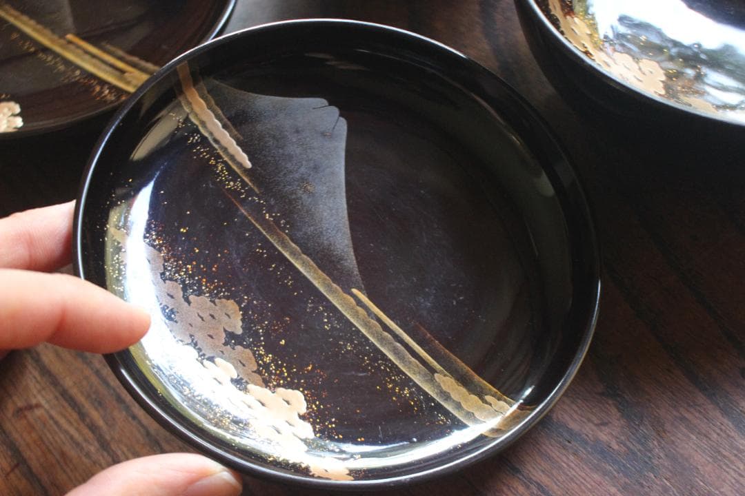 時代逸品！時代黒漆に優美な鶴遠山蒔絵の映える煮物椀2点（検蒔絵椀加賀蒔絵雑煮椀