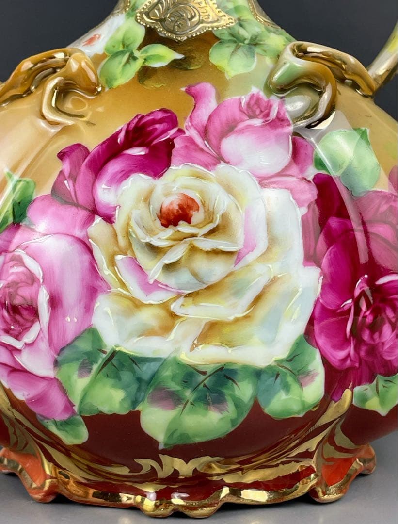 オールドニッポン 22．8cm アールヌーボー薔薇紋 花瓶 ピッチャー