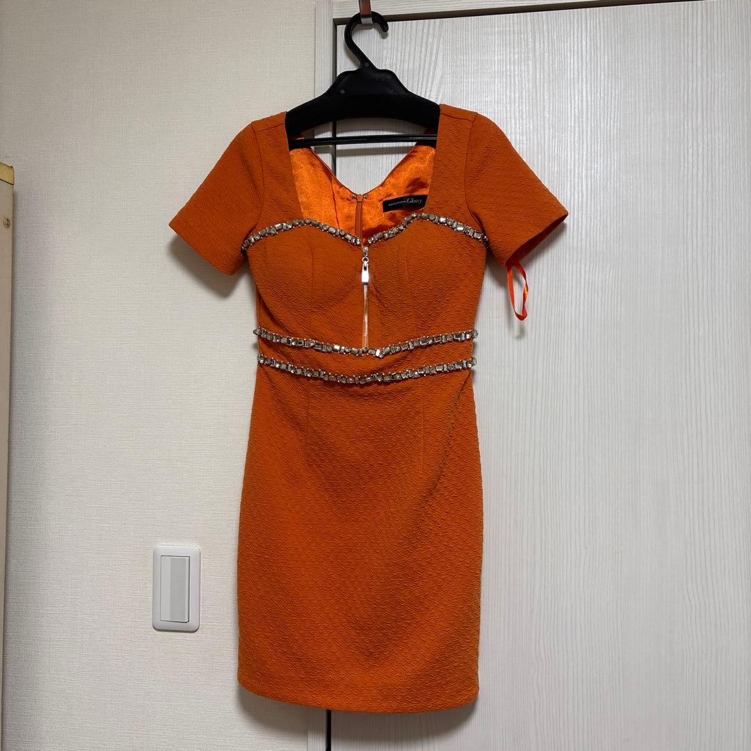 オレンジ ビジュー装飾 タイトドレス