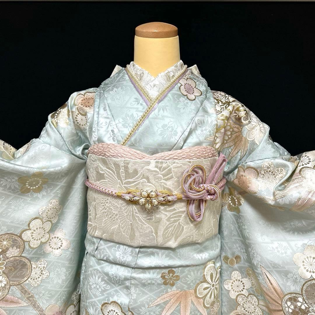 水色の上品な金彩銀彩の牡丹や手毬の振袖フルセット
