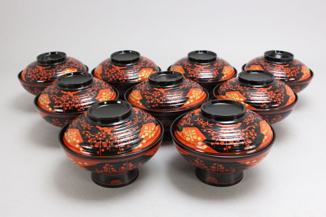 No4797秀衡塗　梅樹文蓋付椀　9客 木箱付　漆器　岩手　伝統工芸　送料無料