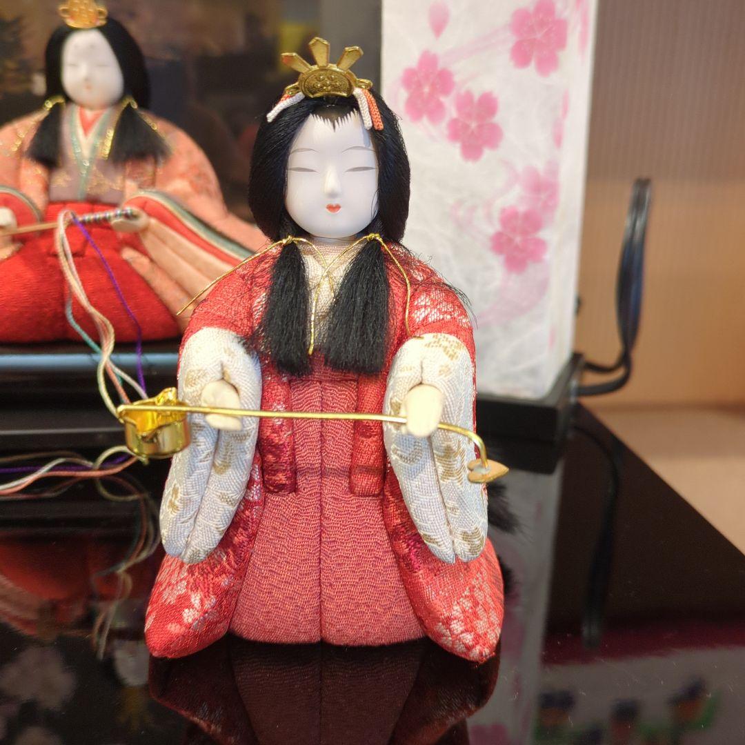 木村一秀作　木目込雛人形 5体セット 伝統的な衣装収納箱入押　桜押花屏風