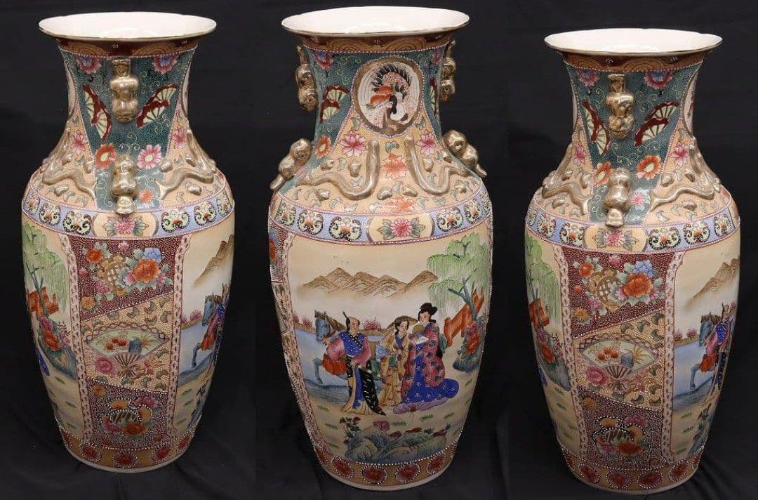 薩摩焼 特大78cm 花瓶 金彩色絵 飾壺 大壷 金襴手 美人画 中国