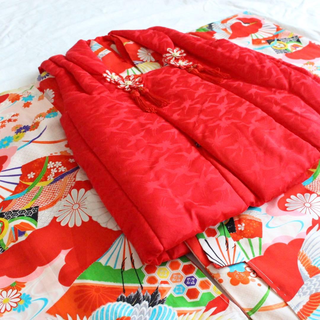 七五三 3歳 女の子 子供 アンティーク 鶴 着物 被布 セット