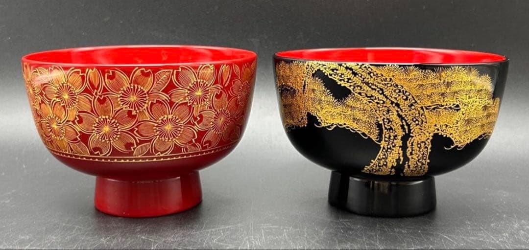 希少品】沈金 川連漆器 お椀 大関 廣 雅号・廣道 桜 松 赤 黒 名入り