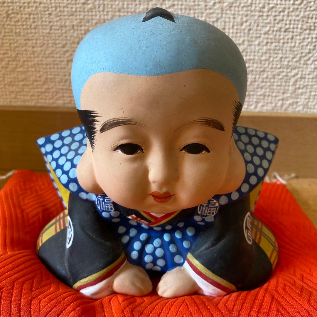 福助 人形 陶器 置物 縁起物 商売繁盛 座布団付き アンティーク 昭和