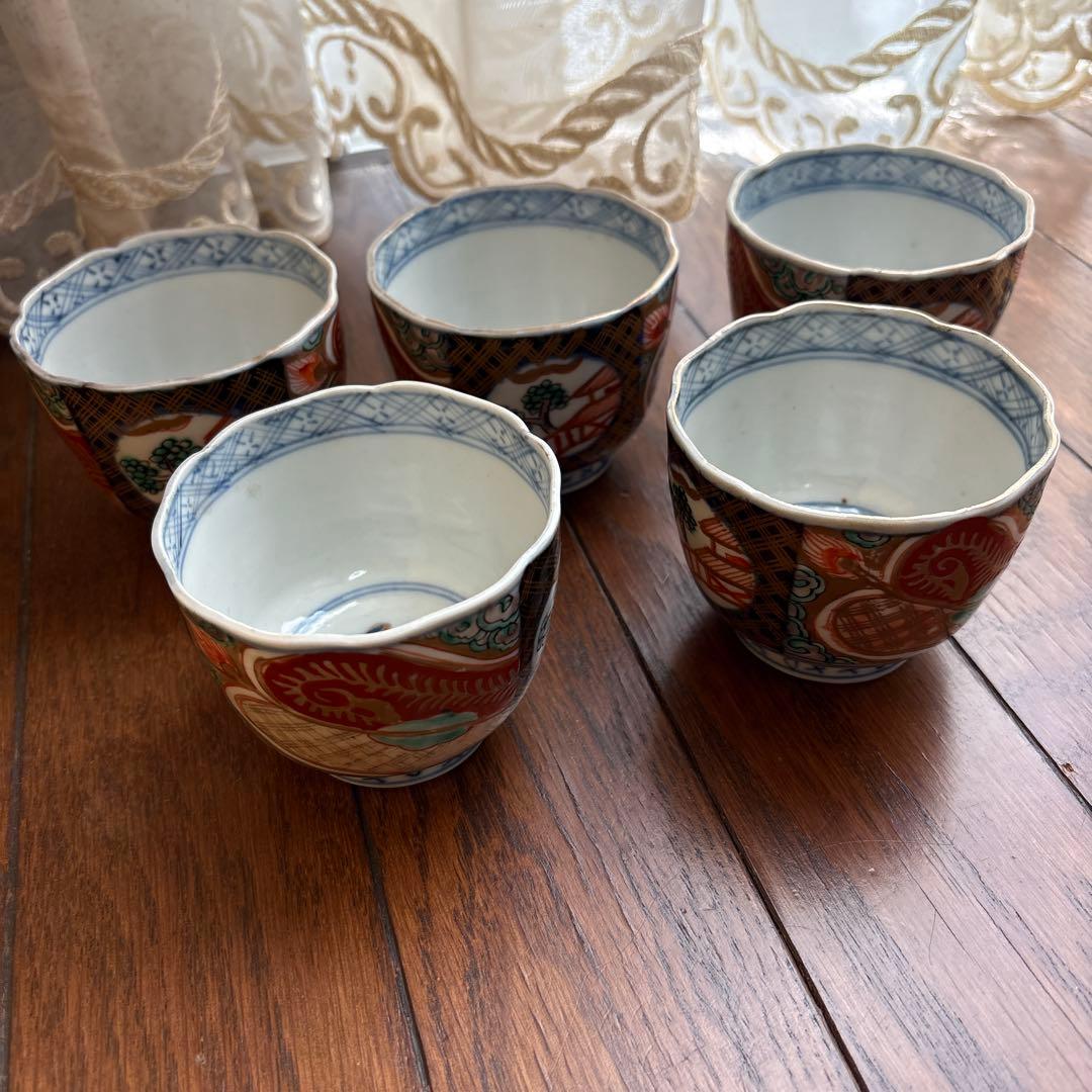期間限定最終処分特価逸品古伊万里色絵蕎麦猪口 完品五客セット