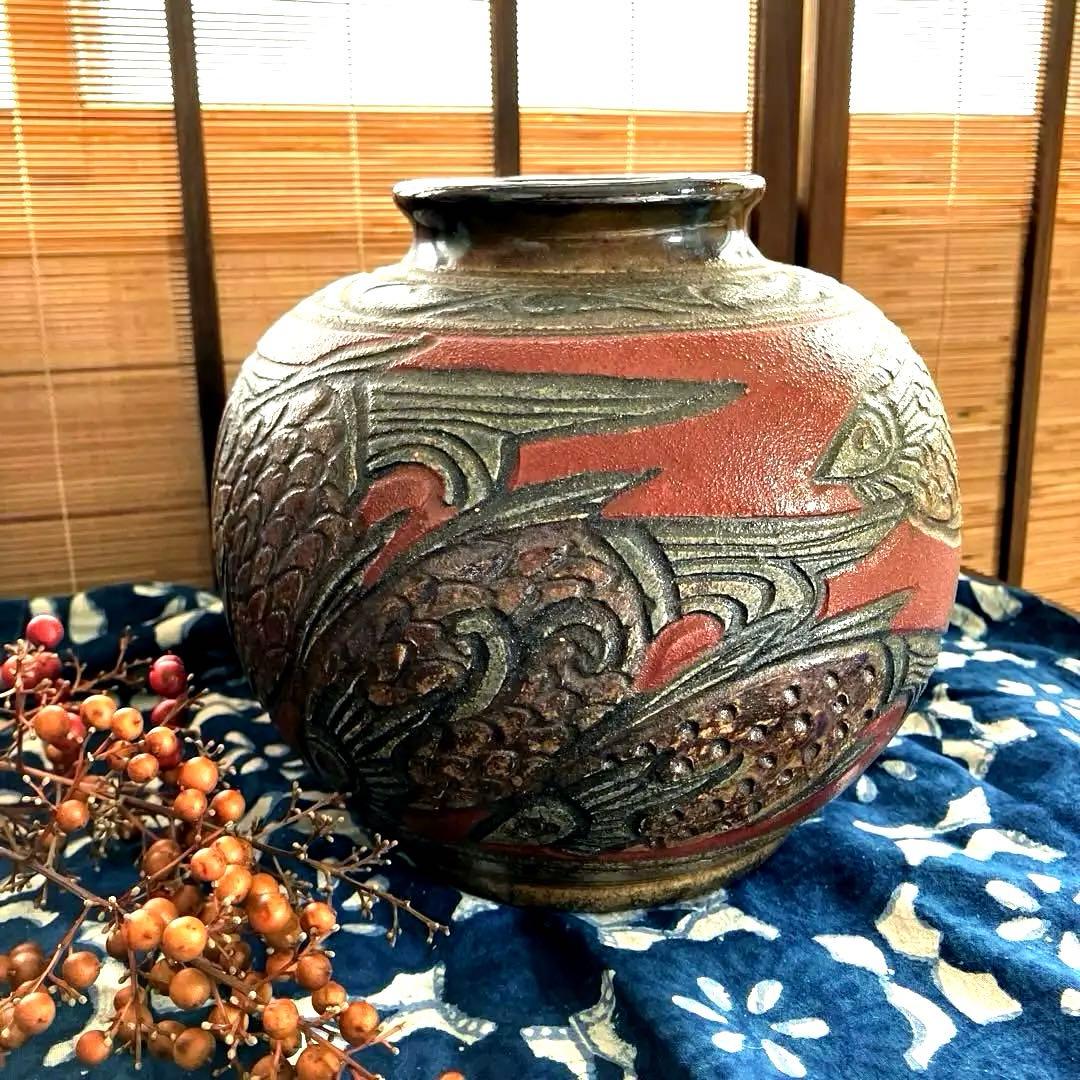 壺屋焼 小橋川清正 赤絵魚紋壺 伝統工芸 花瓶 沖縄 やちむん 陶芸 壺