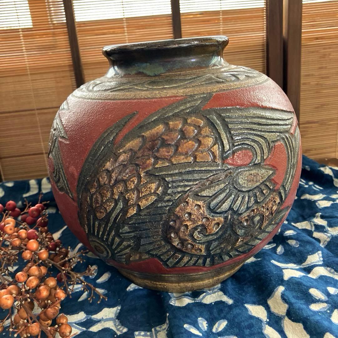 壺屋焼 小橋川清正 赤絵魚紋壺 伝統工芸 花瓶 沖縄 やちむん 陶芸 壺