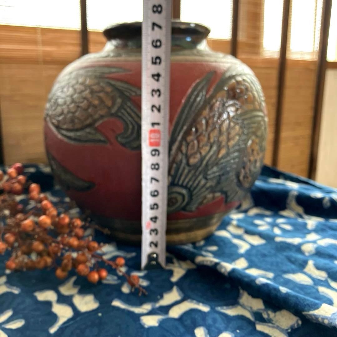 壺屋焼 小橋川清正 赤絵魚紋壺 伝統工芸 花瓶 沖縄 やちむん 陶芸 壺