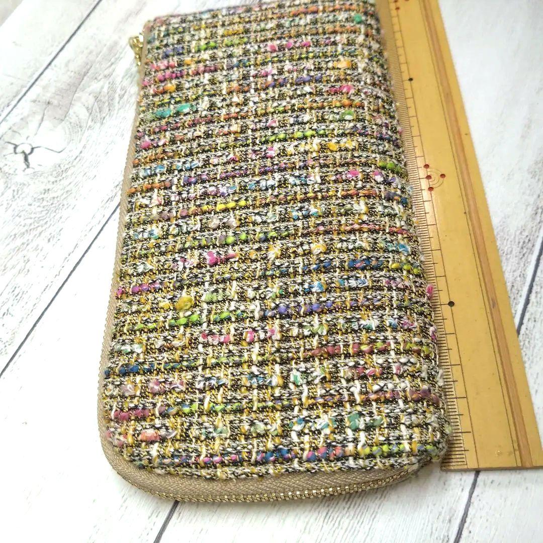 L字ファスナー長財布、ハンドメイド、帆布モカ、ファンシーツイード