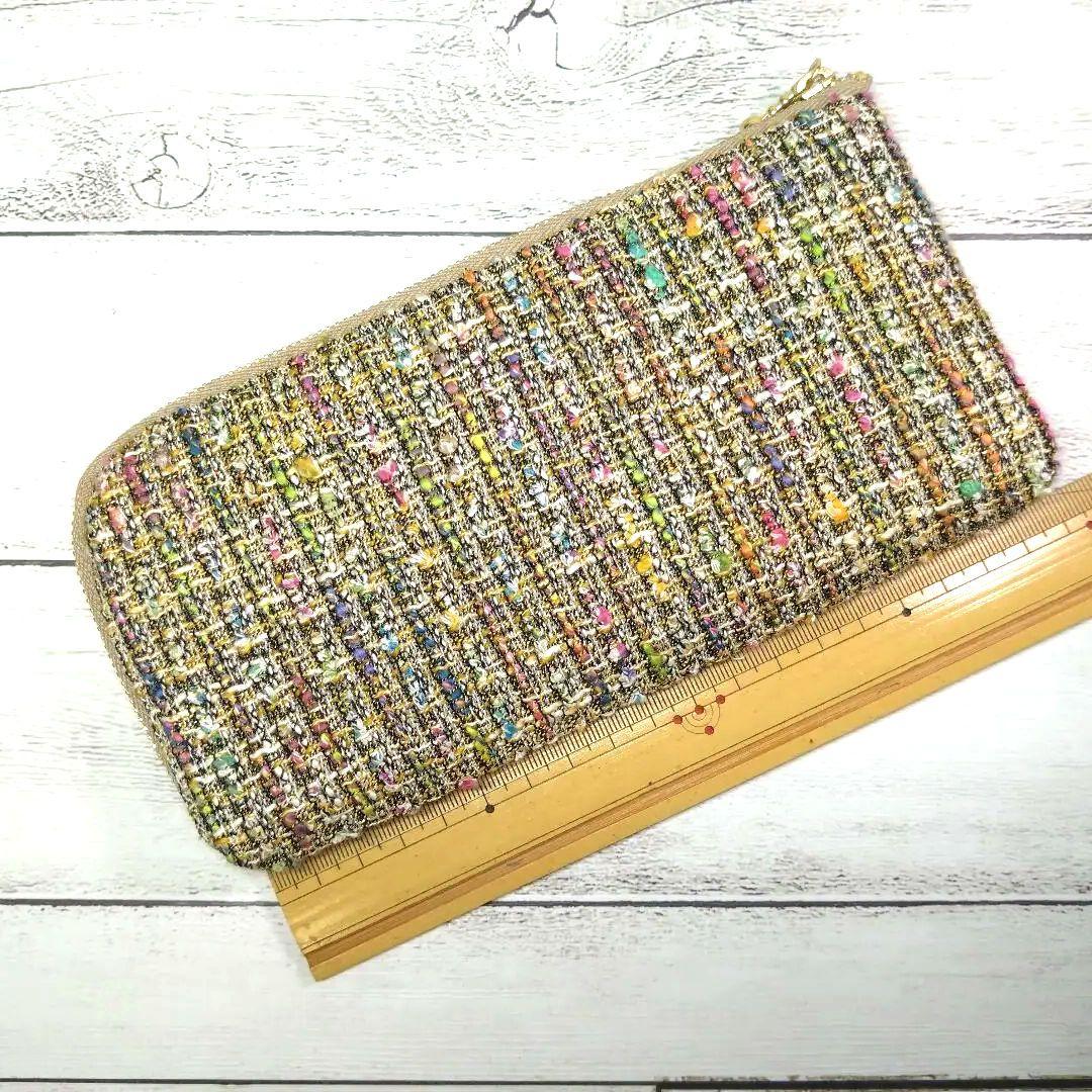 L字ファスナー長財布、ハンドメイド、帆布モカ、ファンシーツイード