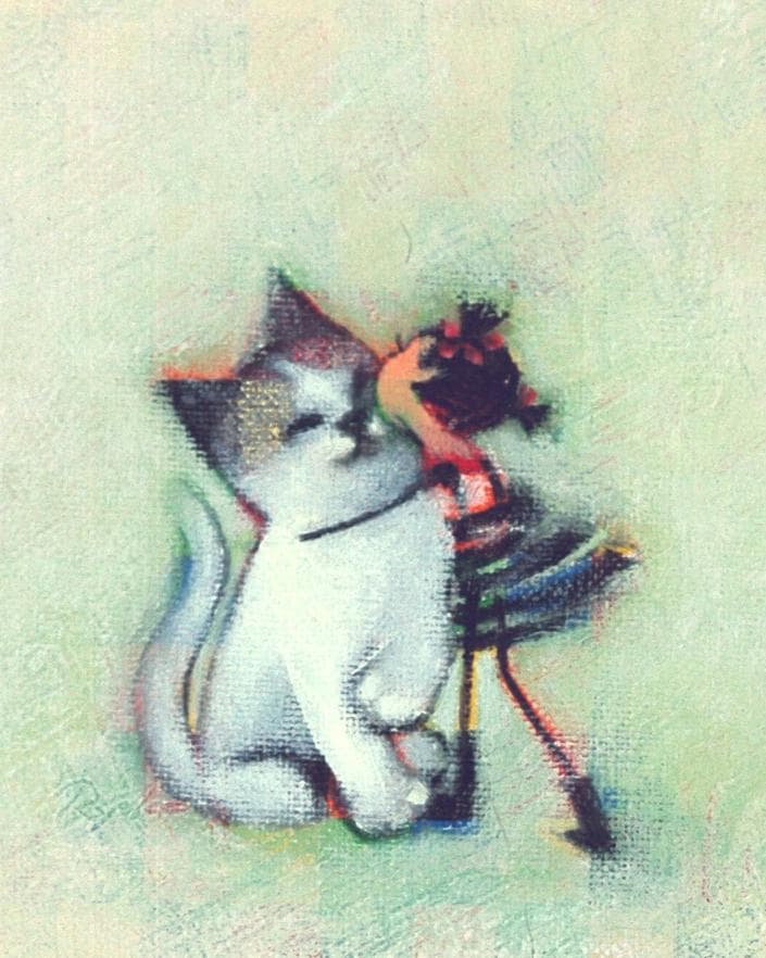 油絵菅家令子絵 絵画インテリア額付(青緑＋金色の枠)F3-051621子猫女の子