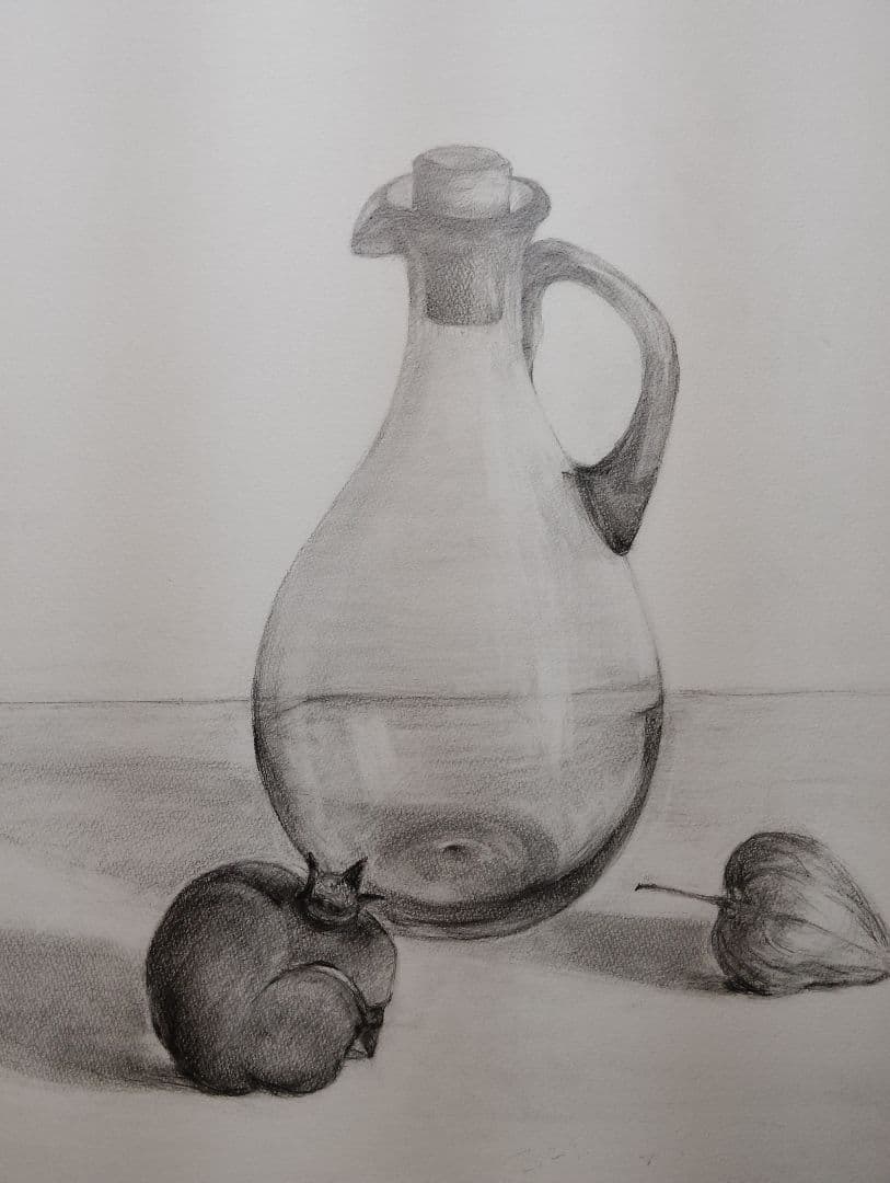 静物画 鉛筆画 『ガラスの容器と果物』縦55㌢横35㌢ - メルカリ