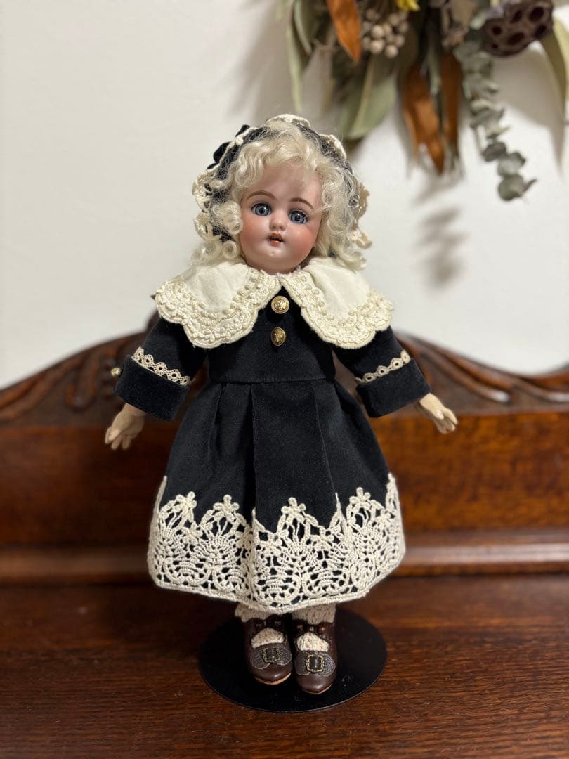 アンティークドール ビスクドール ドレス ボネ 別珍 レース ブラック