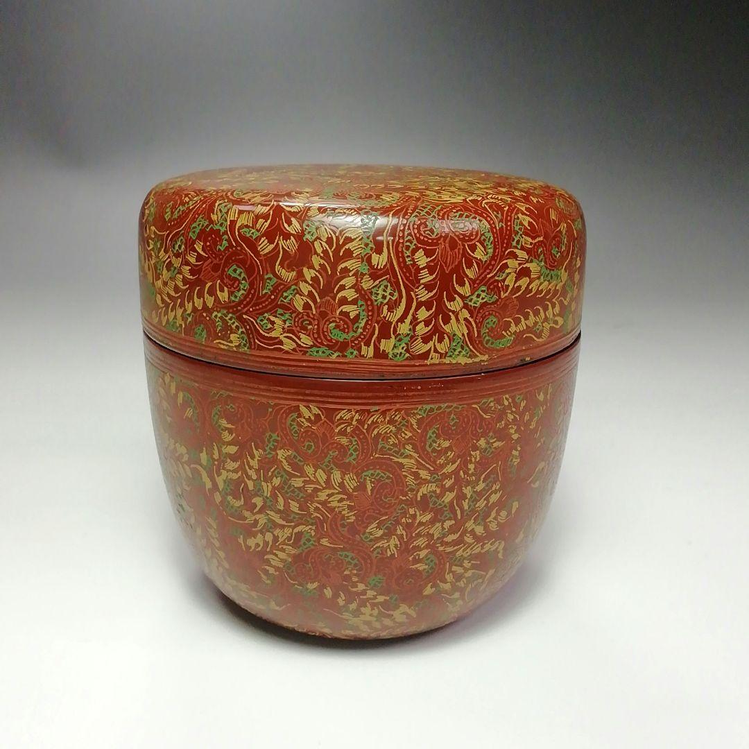 S307 棗 『蒟醤塗 唐草紋』『緬甸作』『大棗』 共箱 茶道具