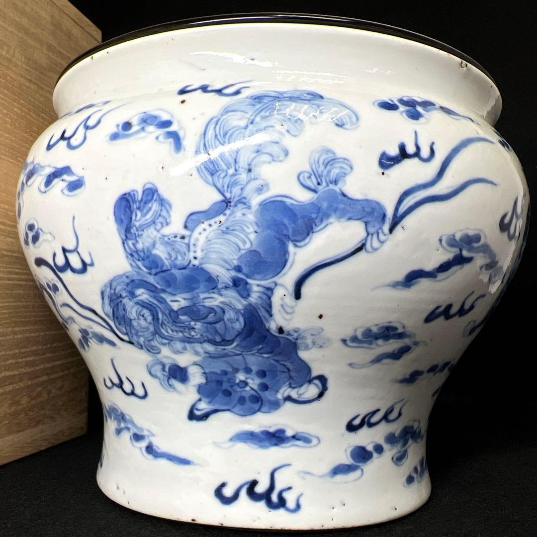中国清時代 新渡青花雲龍図 水指 木箱付直径20㎝