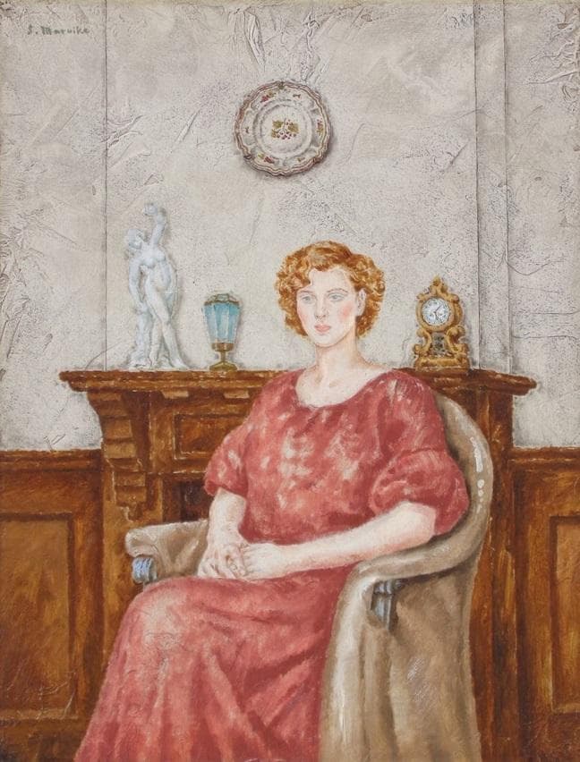 円池茂『赤衣の婦人』6号 シェル美術賞展三席入賞 フランス ル・サロン