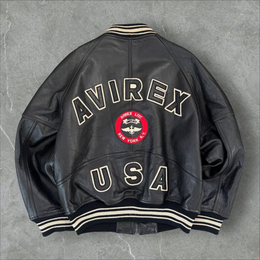 希少 AVIREX アーチロゴ レザージャケット スタジャン ブラック M