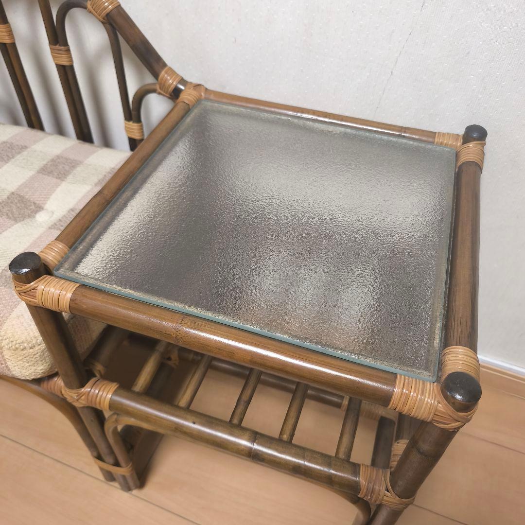 美品】 ラタンチェア テレフォンベンチ 籐家具 サイドテーブル付き