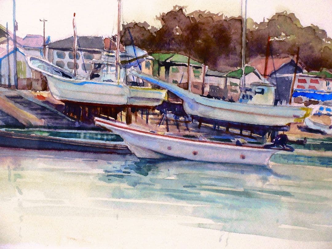 水彩画 小さな漁港 額装済み