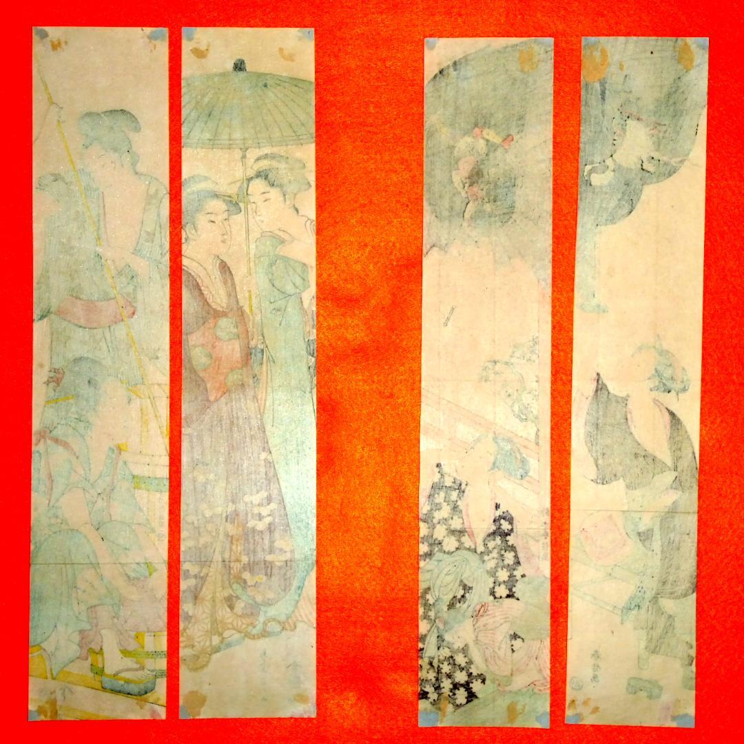 柱絵（短冊形） 浮世絵 4枚 美術品・アンティーク・コレクション