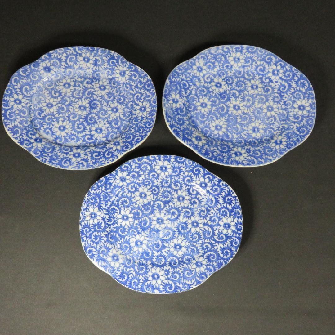 長丸皿 3枚 歪み 変形皿 花唐草 印判 染付 明治 大正 - メルカリ