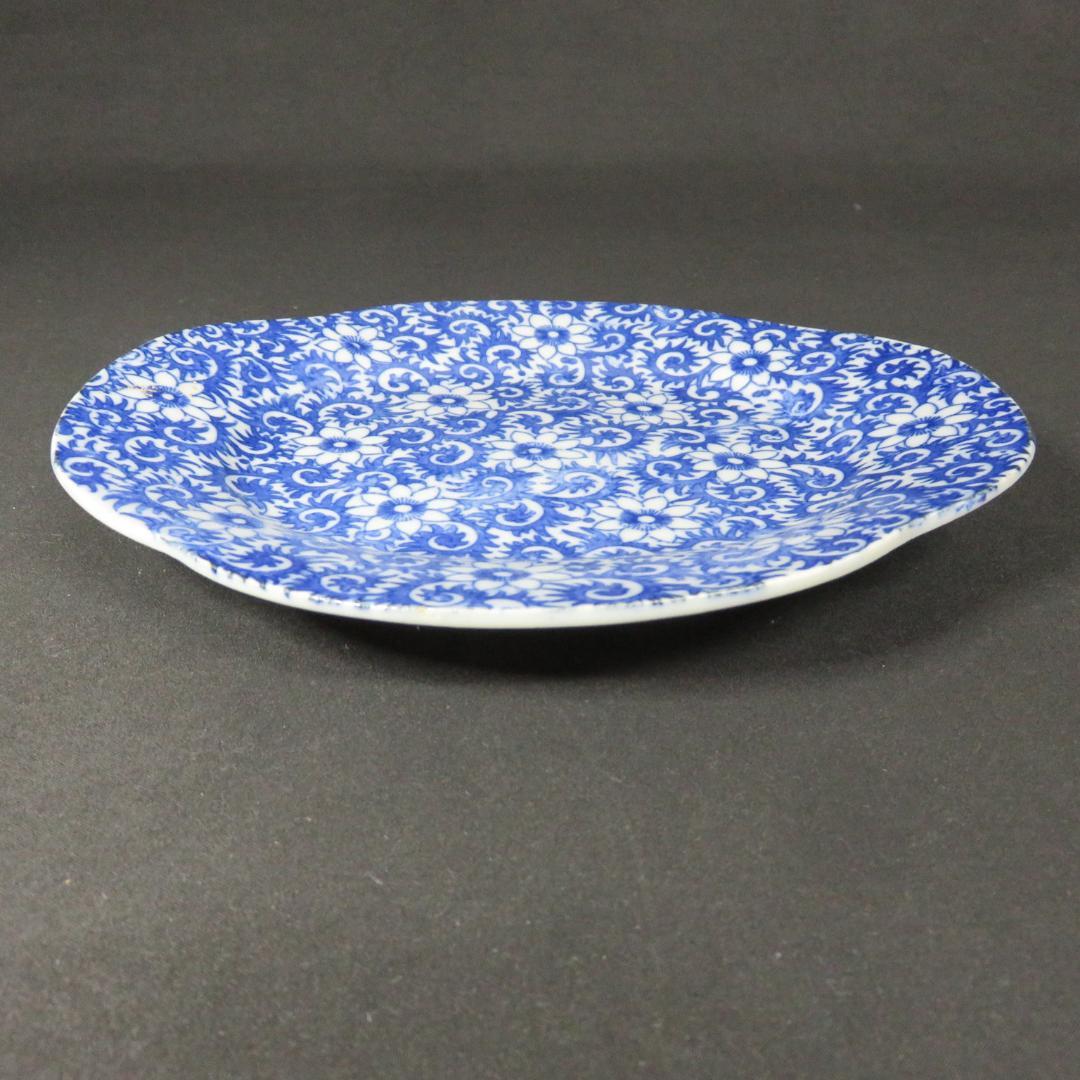 長丸皿 3枚 歪み 変形皿 花唐草 印判 染付 明治 大正
