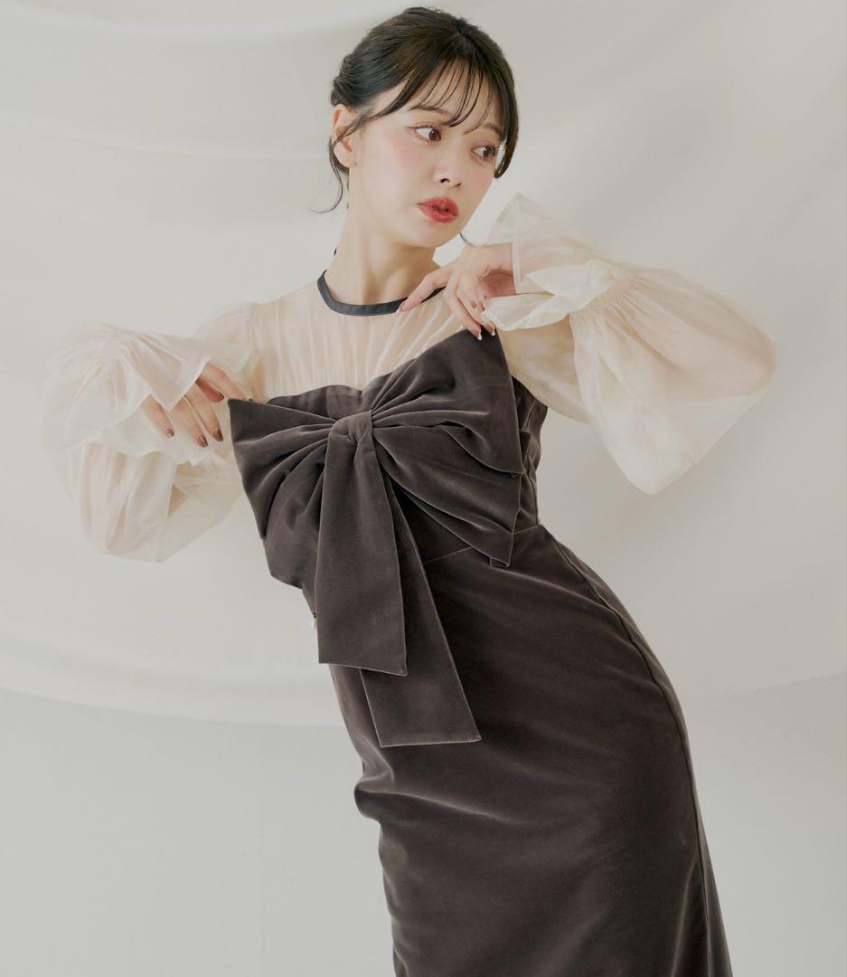 M オケージョン 配色シアーリボンベロアワンピース SALON by Chico