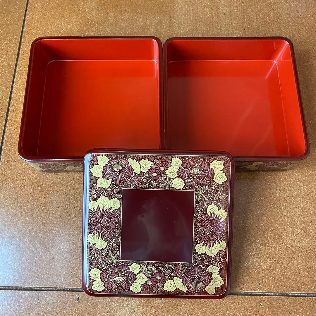 輪島塗 塩徳屋 精撰漆器 台付二段重箱 沈金花柄 美術工芸